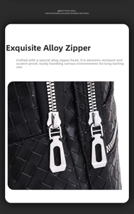 Detail of durable dual metal zippers on black woven leather crossbody bag for men