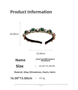 Detail specifications for retro pearl and rhinestone headband showing dimensions and materials