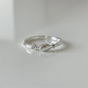 Minimalist 925 sterling silver open ring with fish and heart charms featuring zircon accents
