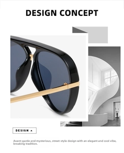 Details einer Pilotenbrille mit dickem schwarzem Rahmen und goldenen Metallscharnieren
