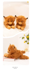 Detail of soft brown Scottish Highland cow plush toy sitting on a clean white background