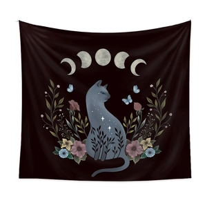 Detailed pattern of mystical blue cat tapestry with floral elements and moon phases