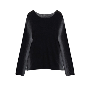 Black long sleeve knit sweater with hollow round neck design and regular fit on white background