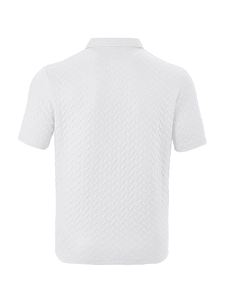 Detailed back view of white short sleeve polo shirt showing premium herringbone texture
