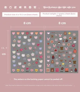 Detailed sheet of cartoon bear nail stickers with hearts and sweets on pink background