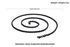 Detail view of 660x3.5mm black twisted stainless steel chain necklace with lobster clasp