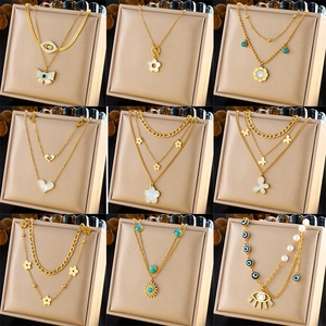 Layered Necklace Gold Plated Stainless Steel Multi-Layer Chain Pendant Heart Butterfly Flower Retro Trendy For Women