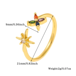 Detailed size specifications for open gold ring with star and cross crystal charms