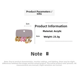 Detail showing 3cm x 4cm acrylic hoop earrings set dimensions and 23.3g weight specs