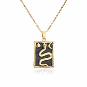 Vintage 18K gold plated snake totem rectangle pendant necklace with green zircon accents