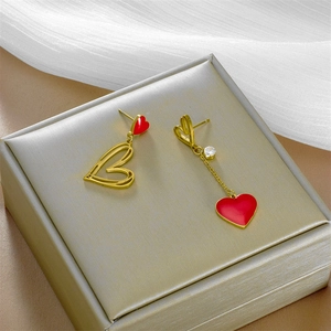Stainless Steel Asymmetric Heart Tassel Drop Earrings Red Enamel Hollow Heart Rhinestone Fashion Jewelry For Women
