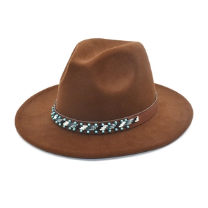 Chapeau Fedora À Bord Large Feutre De Laine Ethnique Bande En Cuir Perlé Bohème Jazz Automne Hiver Hommes Femmes