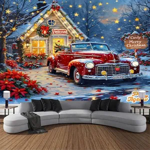 Tapisserie de Noël avec voiture rétro rouge et chalet sous la neige derrière un canapé