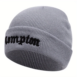 Unisex light grey Compton embroidered knit beanie hat with gothic style ribbed texture