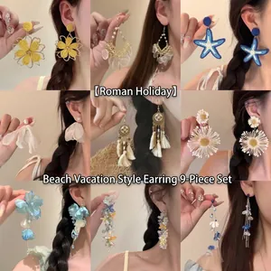 Bohemian Flower Starfish Raffia Woven Drop Earrings For Women Summer Beach Vacation Style With Silver Earring Post