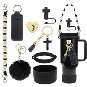 8-piece black Stanley cup accessory set featuring glitter cross cover and daisy chain