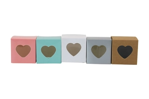 Five assorted colors of cardboard candy boxes with heart-shaped PVC windows in a row
