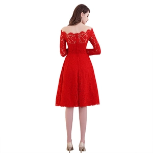 Elegant red lace off-shoulder cocktail dress with long sleeves and back zipper detail