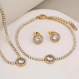Luxury Stainless Steel Zircon Jewelry Women Full Rhinestone Tennis Chain Necklace Bracelet Earrings Heart Square Shape