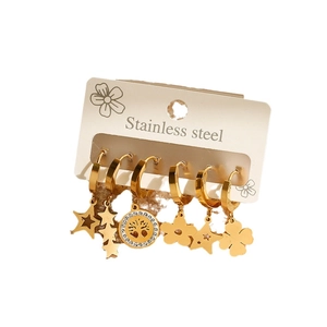 Set of six gold stainless steel geometric earrings featuring celestial and nature charms