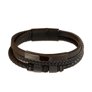 Men's multilayer handmade braided black leather bracelet with magnetic metal clasp