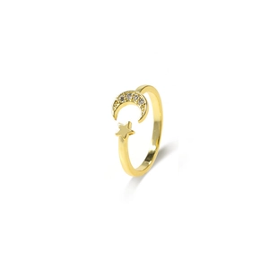 Golden crescent moon and star open ring with sparkling crystal inlay for women