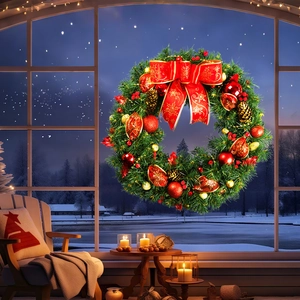 Christmas wreath with red bow and gold cones hanging on a snowy window at night