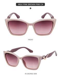 Front and 45-degree side views of Milk Pink Brown Pink cat eye sunglasses in detail