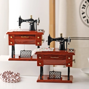 Vintage Sewing Machine Music Box Resin Mechanical Musical Box With Functional Drawer Retro Desktop Ornament Home Decor Gift