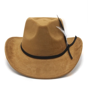 Close-up of brown suede cowboy hat featuring curved brim and decorative feathers