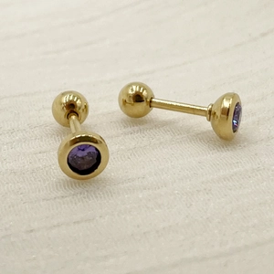 Macro shot of gold-plated barbell stud earrings with purple round cubic zirconia gemstones