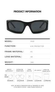 Detailed size chart for Y2K cyberpunk polarized cycling sunglasses showing dimensions in mm