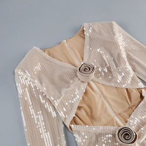 Close-up of sequined nude evening dress with mesh fabric and handmade 3D fabric roses