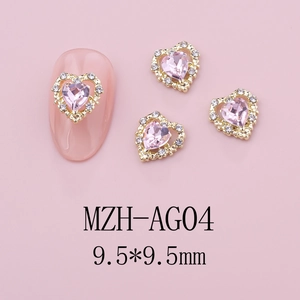 Detailed macro shot of pink heart nail gemstone MZH-AG04 with 9.5mm gold metal frame