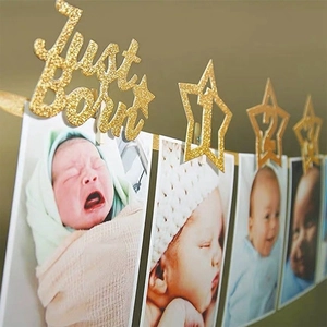 Baby Erstes Jahr Foto Banner Meilenstein Monatliches Wachstum Girlande Mit Glitzer Gold Stern Karten Und Holz Klammern Neugeborene Geburtstag Party Dekor