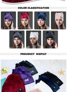 Detail view of colorful velvet cat ear beanies with sparkling rhinestone bow accents