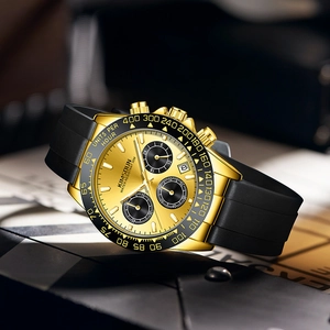 KIMSDUN gold business watch with black rubber strap and multi-function chronograph dial