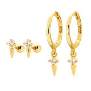 925 silver gold-plated stud and hoop earrings set with crystal studs and cone pendants