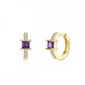 Detailed macro view of S925 sterling silver hoop earrings with purple zircon