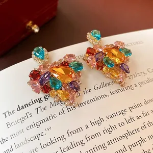 Colorful zircon heart cluster drop earrings on gold base with sparkling accent stones
