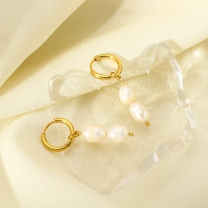 Baroque freshwater pearl drop earrings in 14K gold plated stainless steel hoops