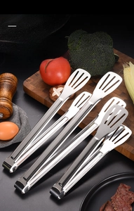Detail of 304 stainless steel food tongs with three-line hollow head for kitchen BBQ