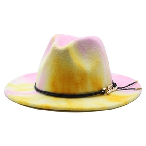 Tie Dye Wool Felt Fedora Hat With Wide Brim Metal Chain Leather Band Tassel Fashion Jazz Cap For Men Women