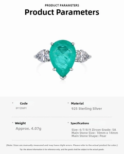 Macro shot of 925 sterling silver ring with 10x14mm pear-cut emerald green zircon stone
