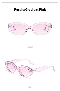 Dettaglio occhiali da sole ovali viola con lenti sfumate rosa da angolazione frontale e laterale