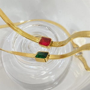 18k gold plated stainless steel herringbone necklaces with red and green gemstones