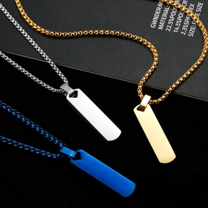 Sleek stainless steel geometric bar pendant necklaces in gold, silver, and blue tones
