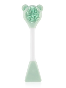 Dual-head silicone facial cleanser and mask brush with soft bristles and flat applicator