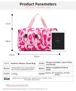 Pink animal print fitness bag dimensions 45x28x23cm shown with iPad for size reference