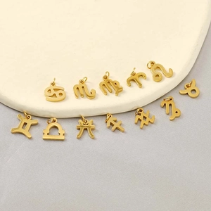 Set of 12 gold zodiac sign charms made of stainless steel arranged on a beige display